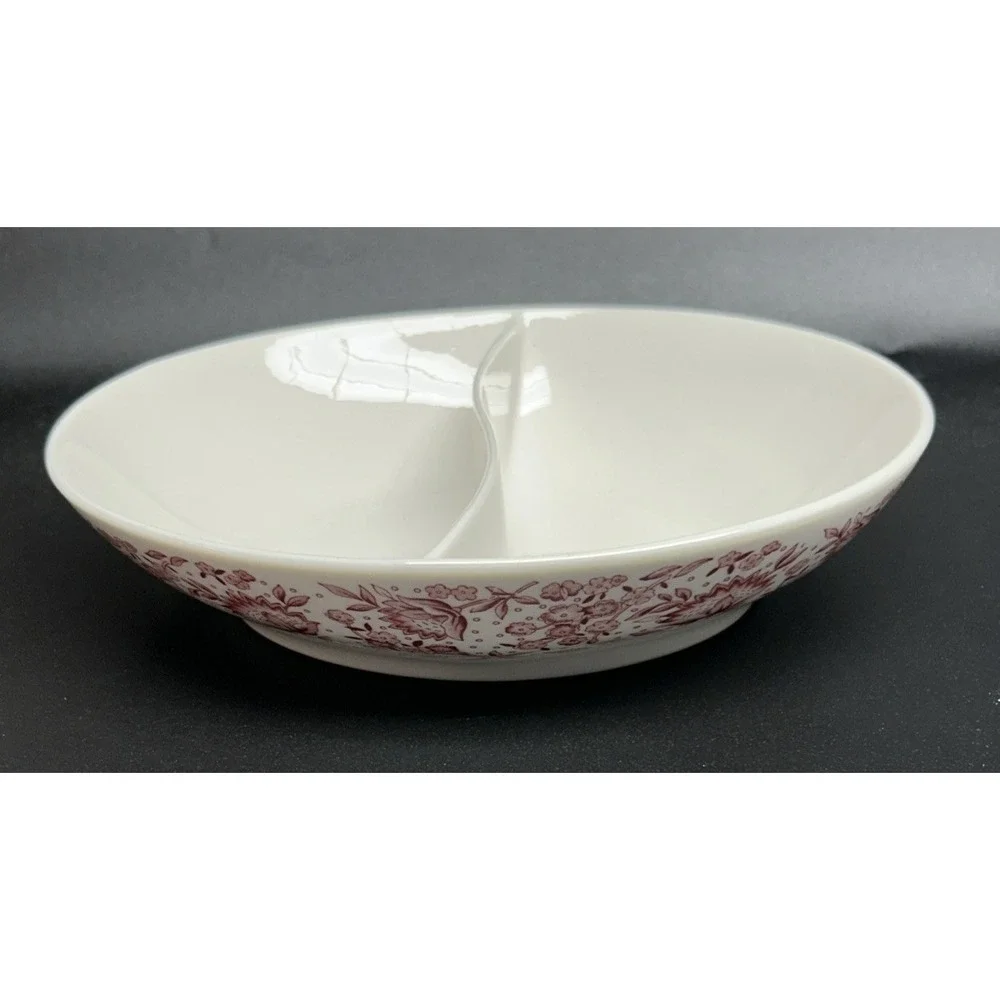 Vtg Syracuse Mayflower Divided Dish Bowl Carefree True China Red Floral #055